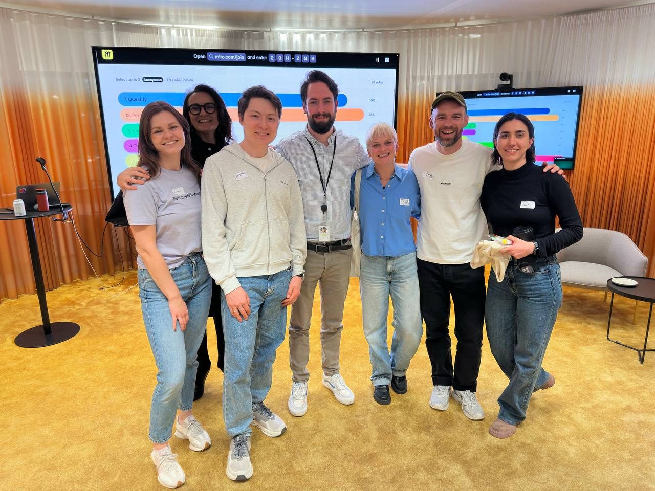A small group posing together in front of Miro collaboration screens at the buildathon in Amsterdam.